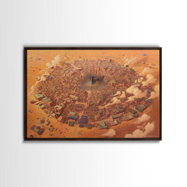 Circular Desert City Around A Central Spire Canvas Print, African Landscape Wall Art, Futuristic Home Decor, Unique Gift