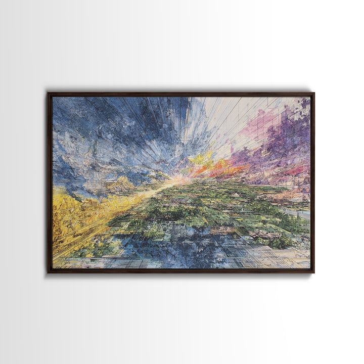 Radiant Abstract Cityscape Wall Art, Aerial Landscape Print, Modern Canvas Decor, Colorful Office And Living Room Art Gift