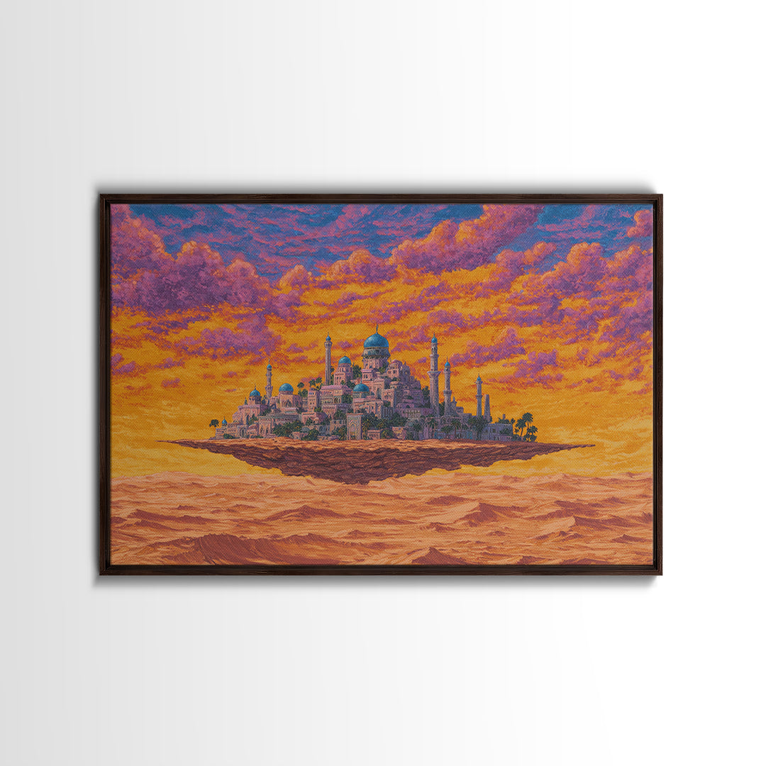 Floating Desert Palace Framed Canvas Print, Orange Sunset Mosque Artwork, African Inspired Travel Decor For Statement Walls