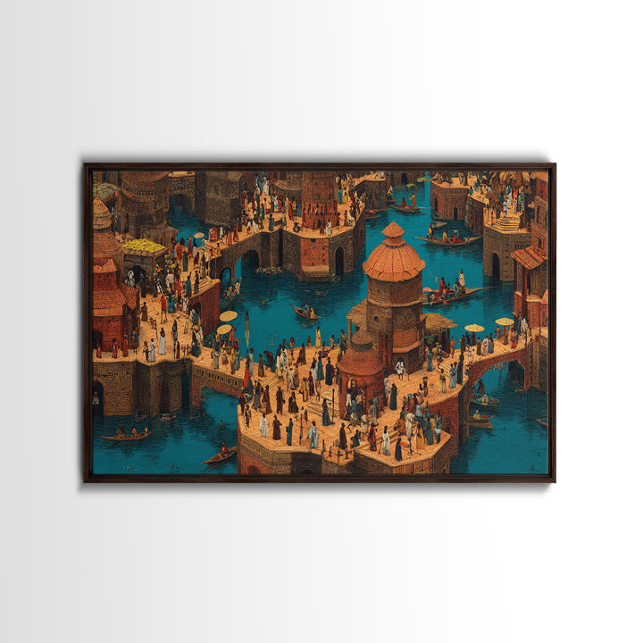 Bustling African Canal Market Wall Art, Crowded Waterfront City Print, Cultural Decor For Living Room Or Office Gallery Wall
