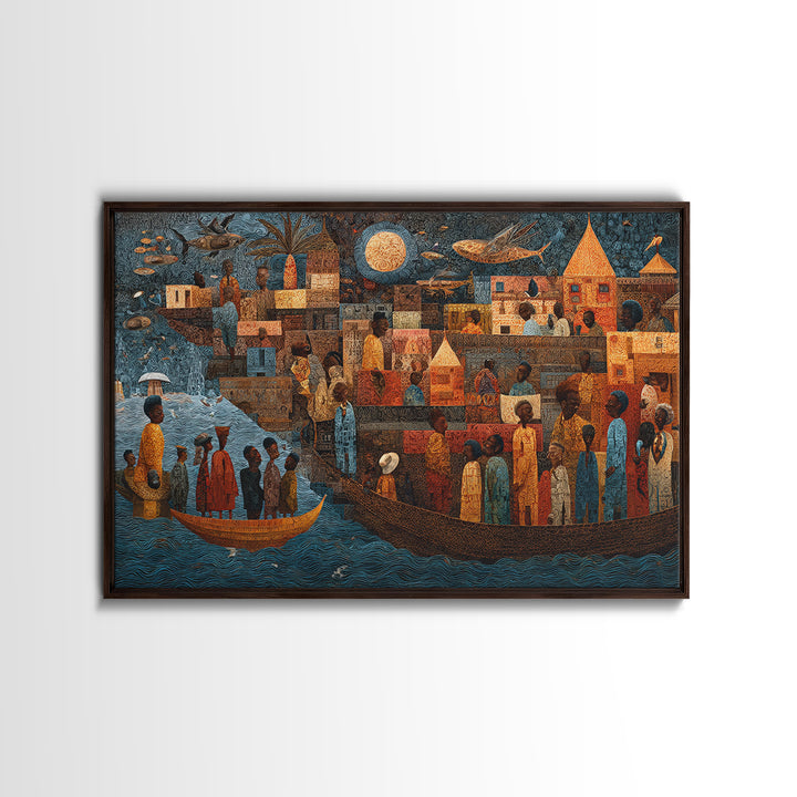 Moonlit African Story Boat Wall Art, Folk Village Figures And Ancestral River, Afrocentric Cultural Decor Canvas Print Gift