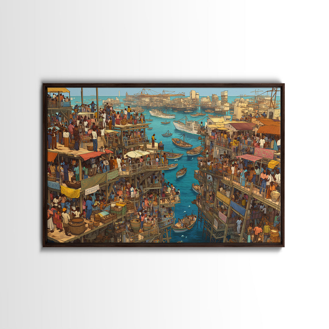 Crowded Coastal Harbor Wall Art, African Waterfront Market City, Detailed Boat Scene For Urban Living Room Decor Canvas Print Gift