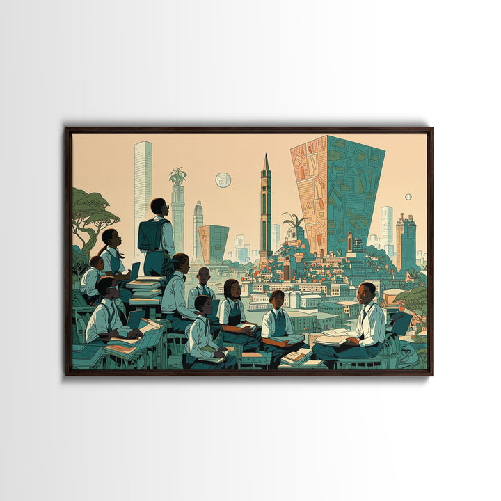 Afrofuturist Classroom Wall Art, African Children Cityscape, Black Education Poster, Modern Culture Home Decor Gift, Canvas Print