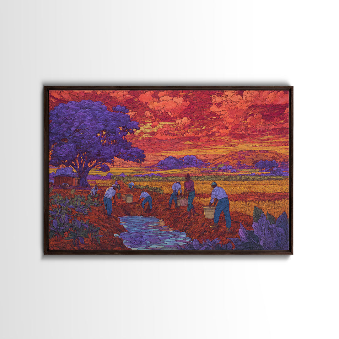 Purple Tree Harvest Wall Art, African Village Landscape, Colorful Sunset Field Painting, Cultural Canvas Print Decor Gift