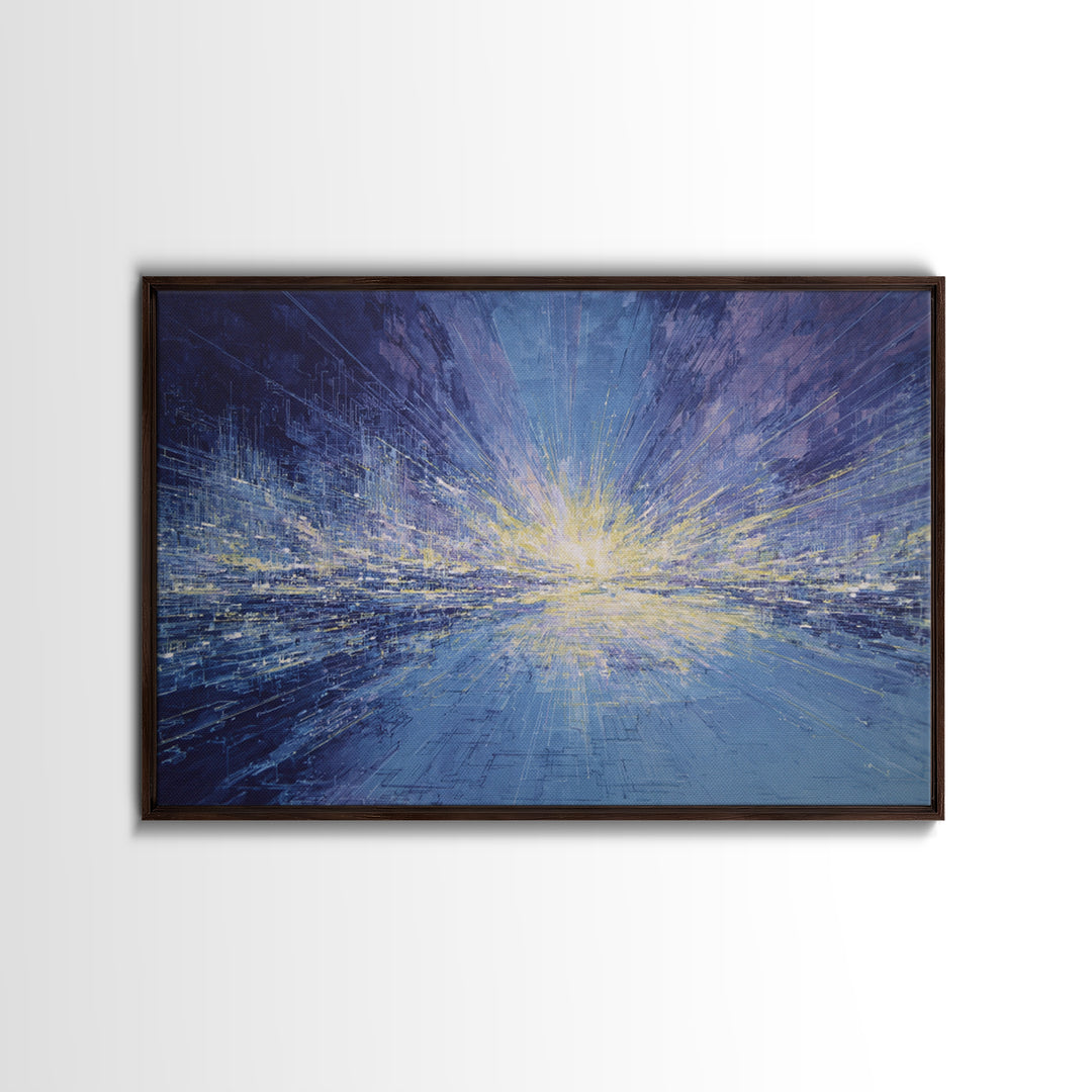 Electric Blue Abstract Cityscape Wall Art, Luminous Horizon Canvas, Contemporary Decor For Living Room And Office Gallery
