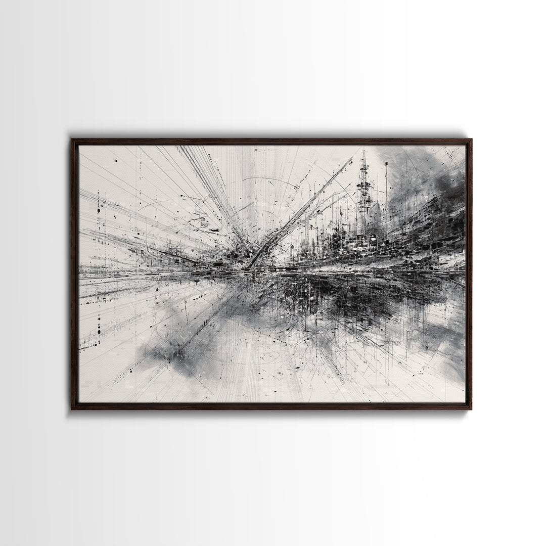 Monochrome Abstract Technical Skyline Canvas Print, Black And White Wall Decor, Minimalist Modern Office Art Gift For Study