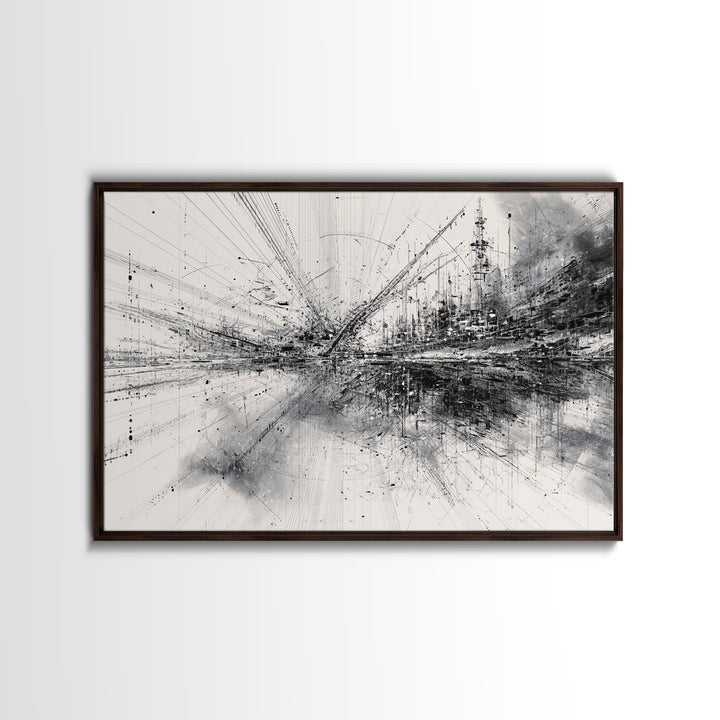 Monochrome Abstract Technical Skyline Canvas Print, Black And White Wall Decor, Minimalist Modern Office Art Gift For Study