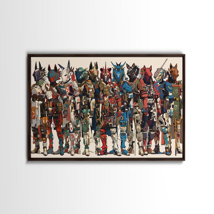 Futuristic African Mecha Warriors, Tribal Mask Canvas Print, Afrocentric Wall Art, Bold Black Culture Art, Modern Safari Decor