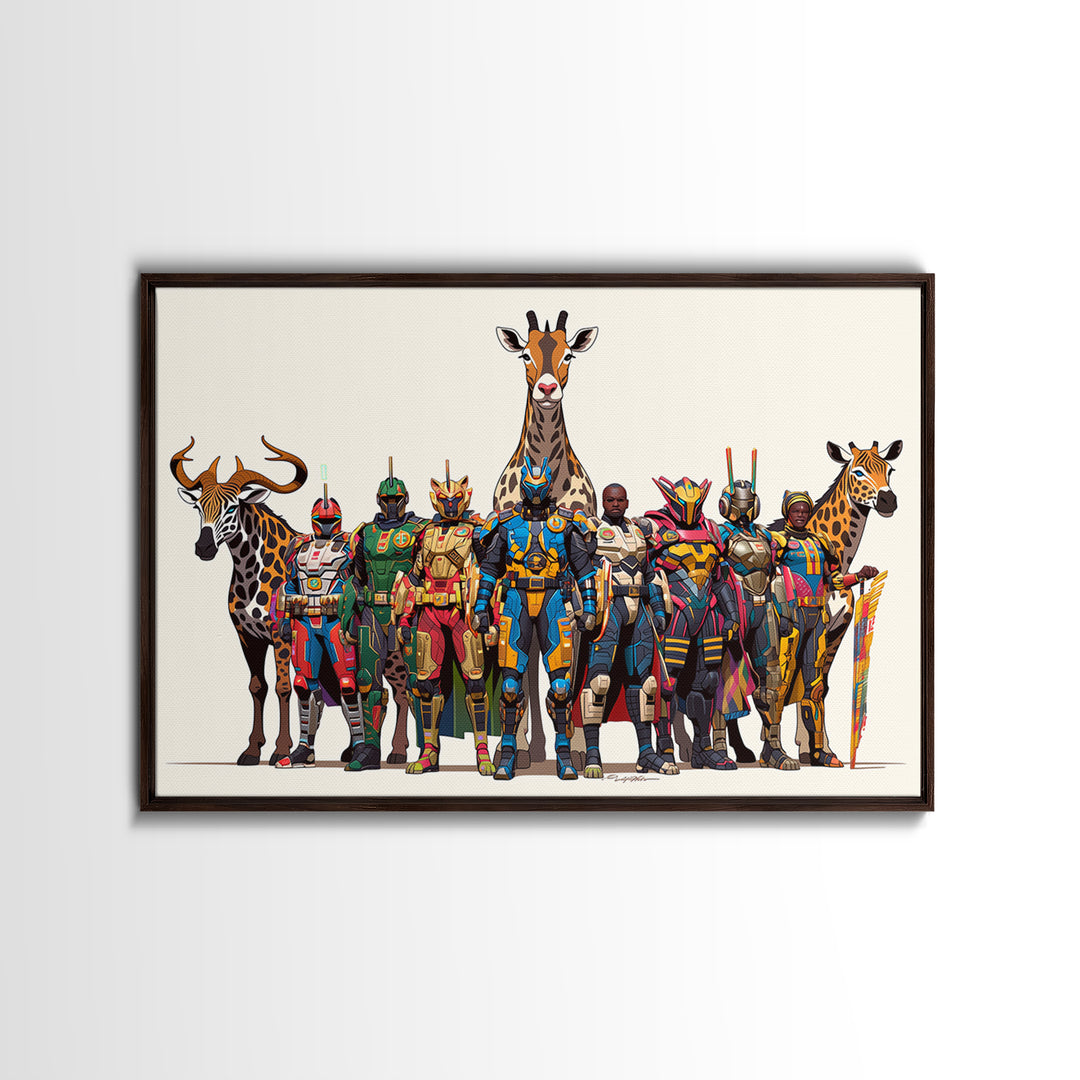 Afrofuturist Safari Warriors With Giraffes, African Wall Art, Framed Canvas Print, Tribal Queen Art, Bold Home Decor Gift