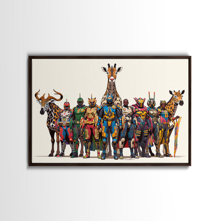 Afrofuturist Safari Warriors With Giraffes, African Wall Art, Framed Canvas Print, Tribal Queen Art, Bold Home Decor Gift