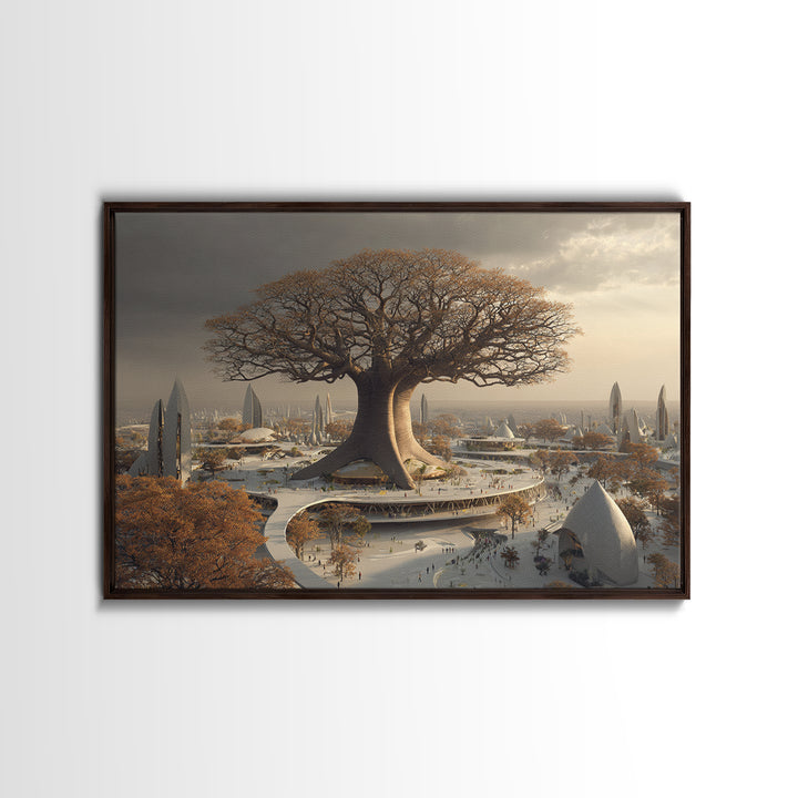 Giant Baobab Future City At Sunset, African Landscape Wall Art, Framed Canvas Print, Afrofuturism Decor, Statement Art For Living Room