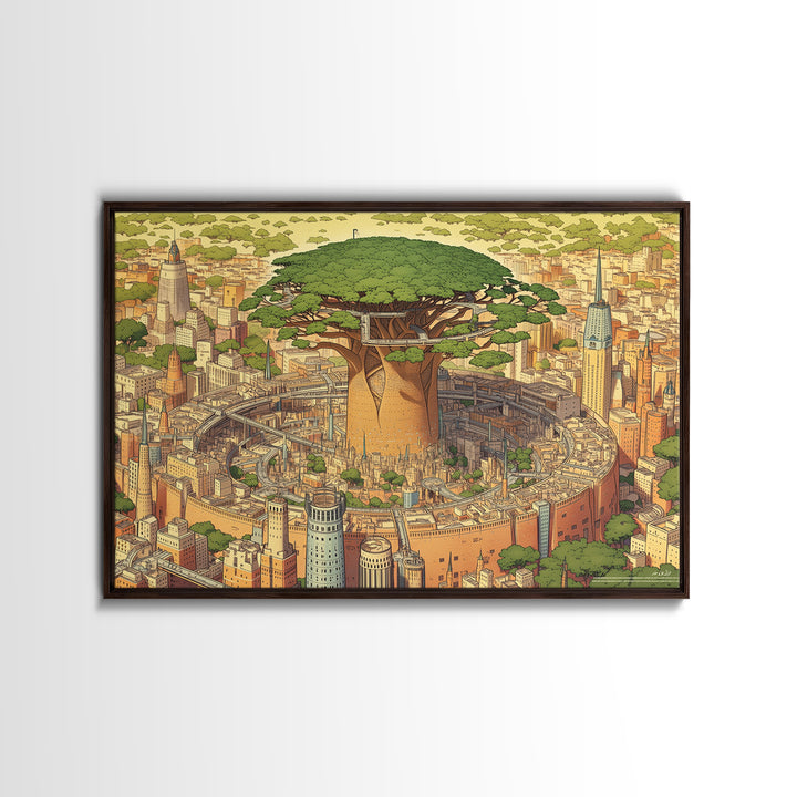 Illustrated Baobab Megacity, African Tree Wall Art, Framed Canvas Print, Afrofuturism Decor, Statement Cultural Home Decor Gift