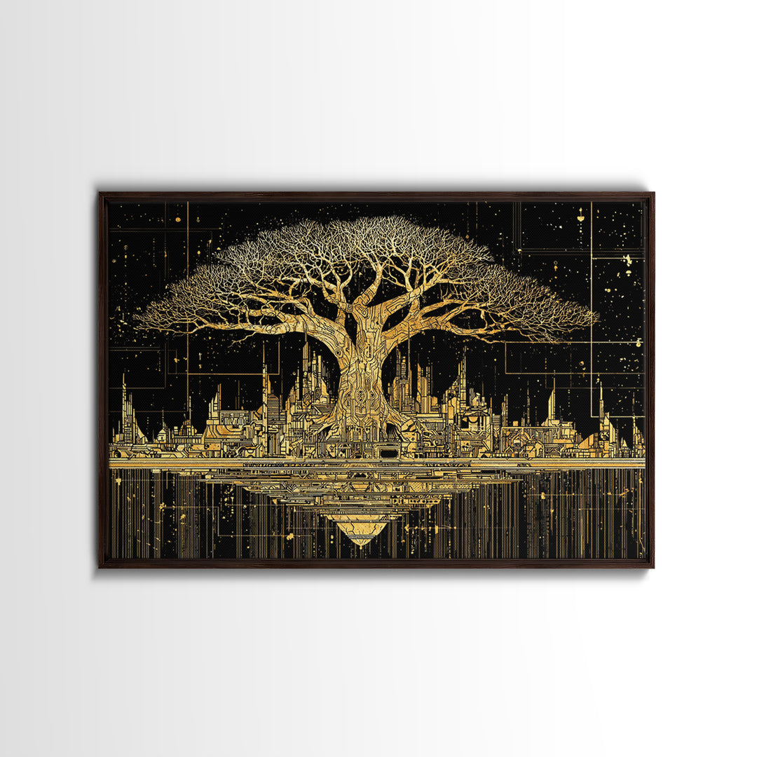 Gold Baobab Futuristic Skyline On Black, African Wall Art, Canvas Print, Black And Gold Art, Luxury Canvas Art Statement Home Decor