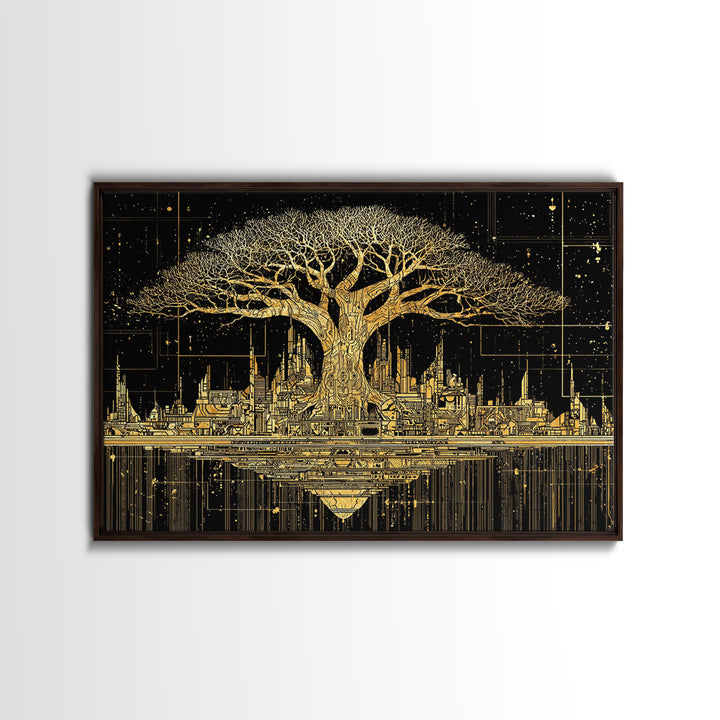 Gold Baobab Futuristic Skyline On Black, African Wall Art, Canvas Print, Black And Gold Art, Luxury Canvas Art Statement Home Decor