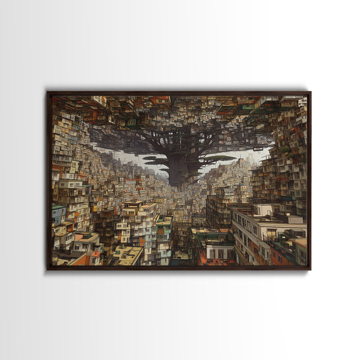 Upside Down Baobab Cityscape, African Abstract Wall Art, Framed Canvas Print, Urban Wall Art, Afrofuturism Statement Home Decor