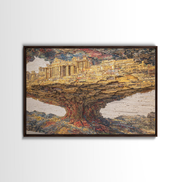 Ancient City Tree Mirage, Textured African Landscape Wall Art, Framed Canvas Print, Cultural Art Print, Earth Tone Decor