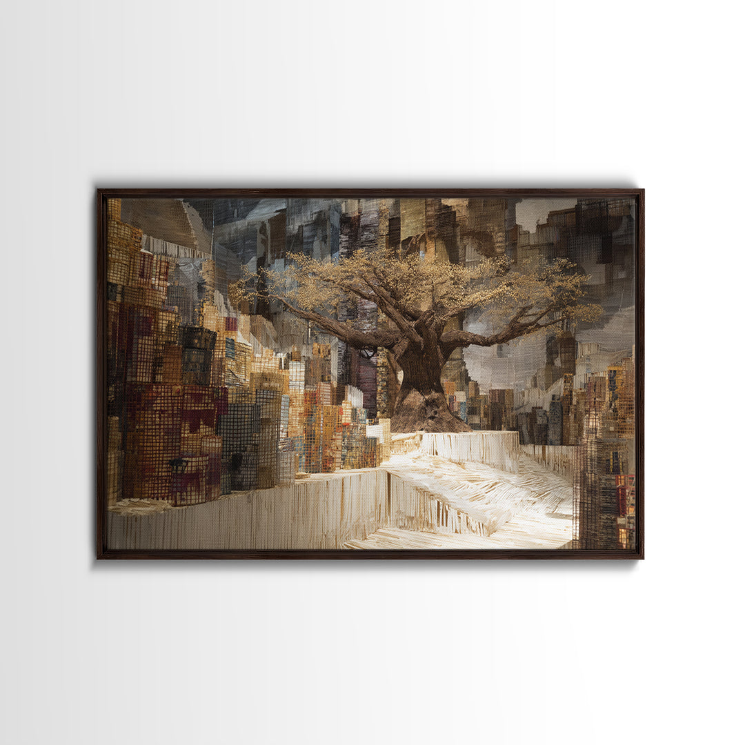 Golden Baobab In Abstract Cityscape Wall Art, African Landscape, Modern African Art, Earth Tone Living Room Decor Canvas