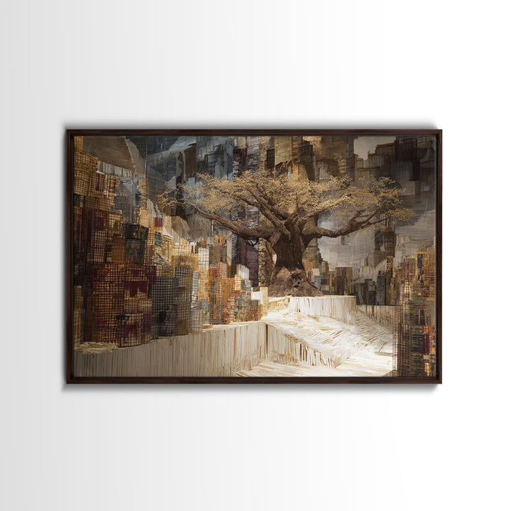 Golden Baobab In Abstract Cityscape Wall Art, African Landscape, Modern African Art, Earth Tone Living Room Decor Canvas