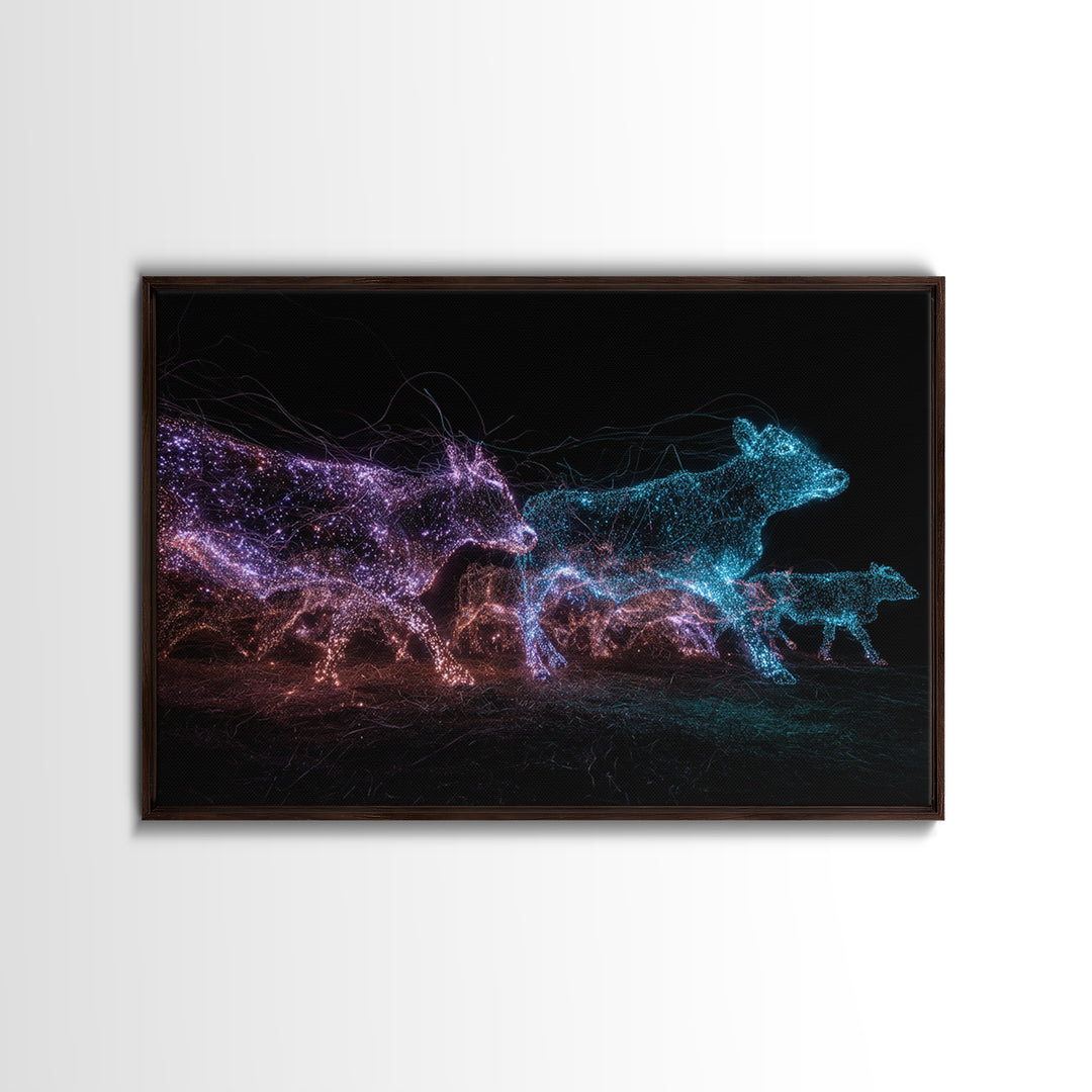 Glowing Digital Cattle Herd Wall Art, African Animal Art, Modern Abstract Black Art, Neon Safari Decor, Unique Canvas Print