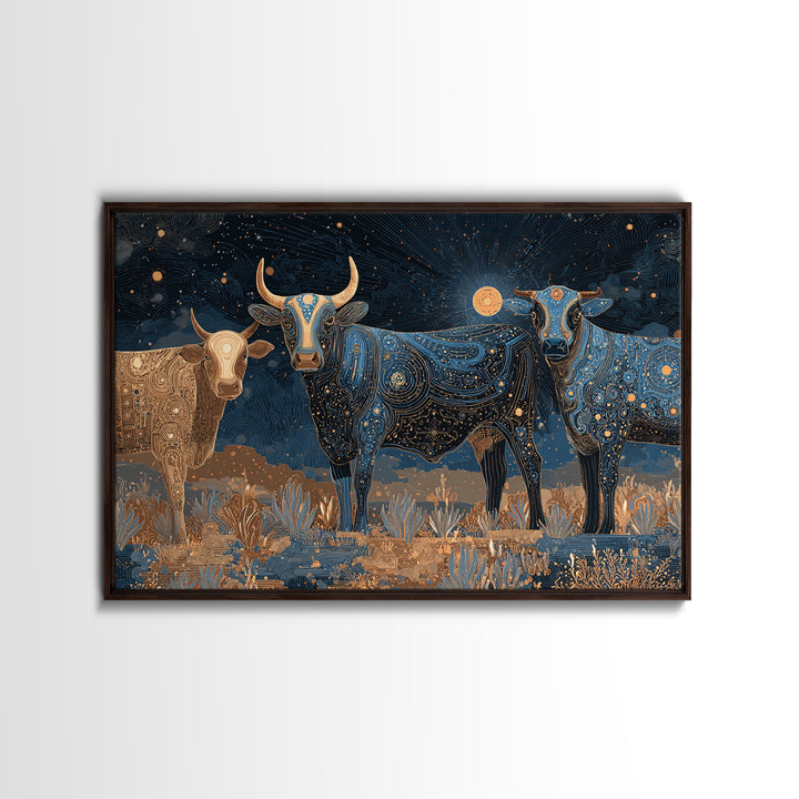 Celestial Longhorn Cattle Canvas Print, African Animal Art, Tribal Patterns, Southwestern Wall Decor, Boho Living Room Art