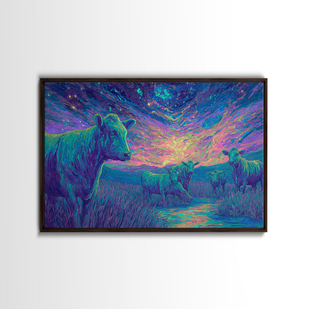 Violet Twilight Cows By Creek Wall Art, African Animal Art, Colorful Safari Art, Dreamy Wall Decor, Nature Scene Canvas Print