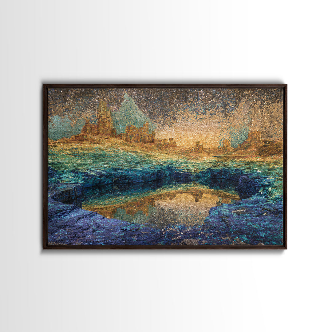 Shimmering Coastal City Lagoon Wall Art, African Landscape, Modern Abstract Art, Teal Gold Decor, Dreamy Living Room Canvas