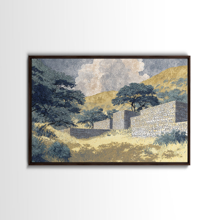 Sunlit Stone Walls In African Hills Framed Canvas Print, Serengeti Landscape Art, Earth Tone Safari Decor Gift, Living Room Wall Decor