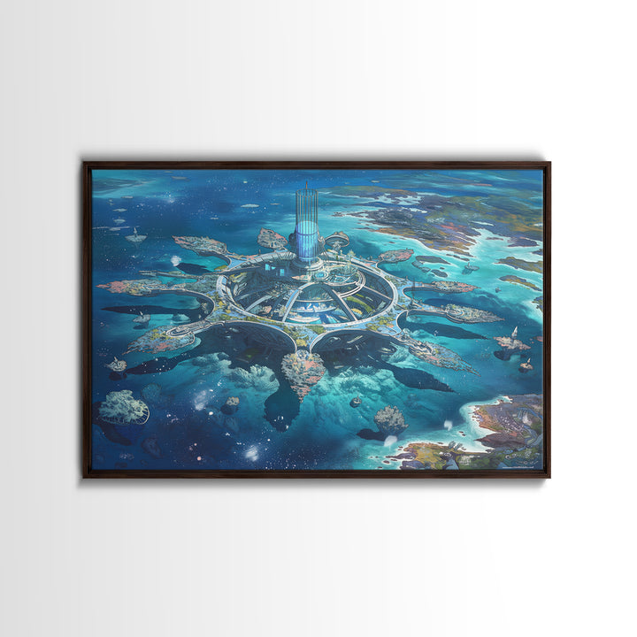 Futuristic Ocean City And Floating Islands Canvas Print, Afrofuturism Wall Art, Blue Sci Fi Coastal Home Decor For Office Gift