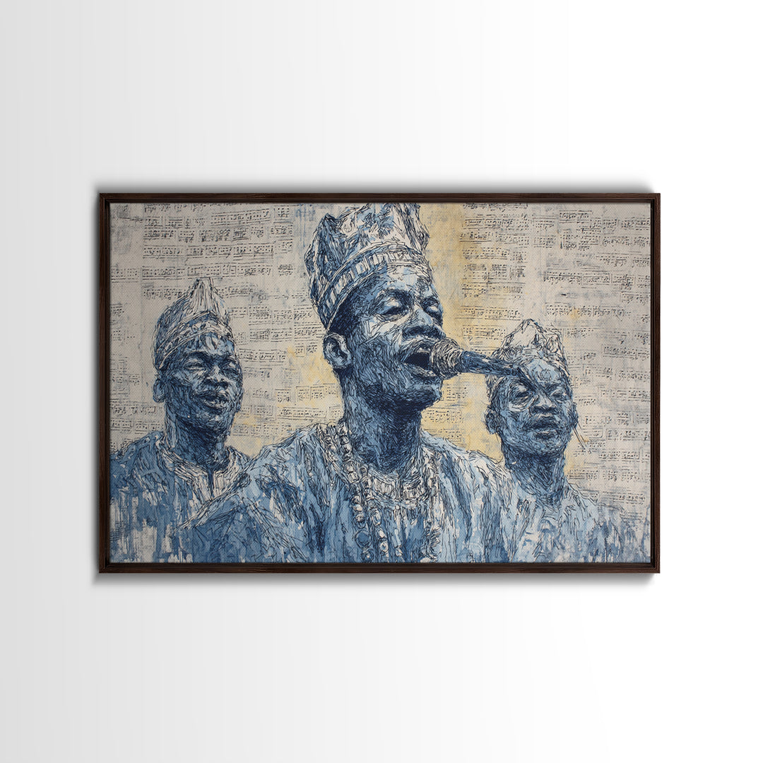 Blue Ink African Musicians Singing In Traditional Hats Wall Art, Cultural Portrait Art Print, Black History Home Decor Gift