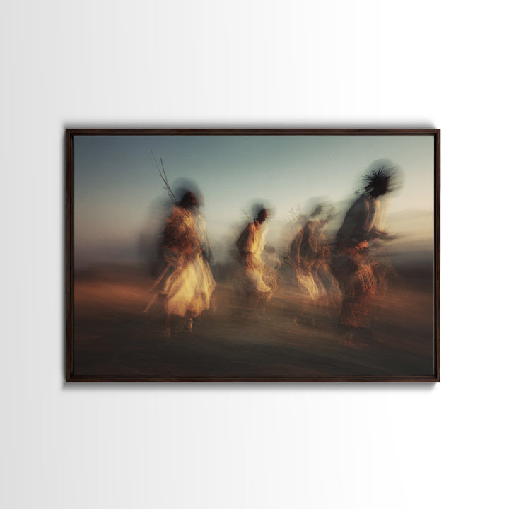 Twilight Tribal Warriors Dancing Framed Canvas Print, African Warrior Art, Safari Culture Wall Decor, Ethnic Home Decor Gift