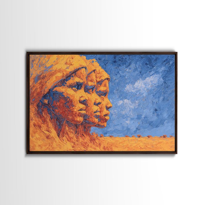 Three African Women Profiles Canvas Print, Orange Blue Portrait Wall Art, Black Beauty Art, Afrocentric Home Decor Art Gift