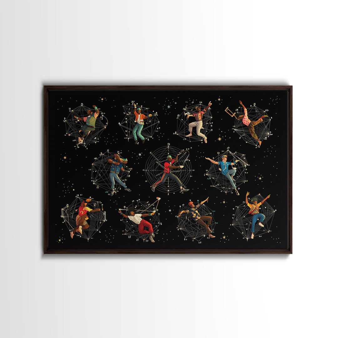 Cosmic African Dancers With Geometric Stars Wall Art, Afrofuturism Decor, Black Culture Art Print, Modern Canvas Art Gift