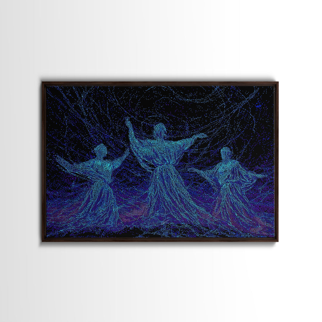 Glowing Blue African Dancers In Starry Motion Wall Art, Afrocentric Decor, Spiritual Feminine Canvas, Modern Black Art Prints