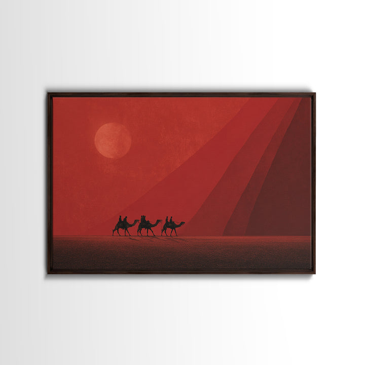 Red Desert Camel Caravan At Sunset Canvas Print, African Safari Art, Morocco Travel Poster, Earth Tone Wall Decor Gift For Him