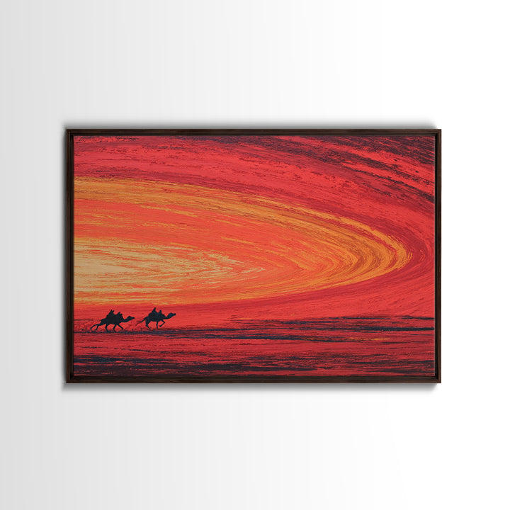 Camels Crossing Fiery Desert Sunset Canvas Print, African Safari Art, Burnt Orange Decor, Travel Poster, Statement Wall Decor