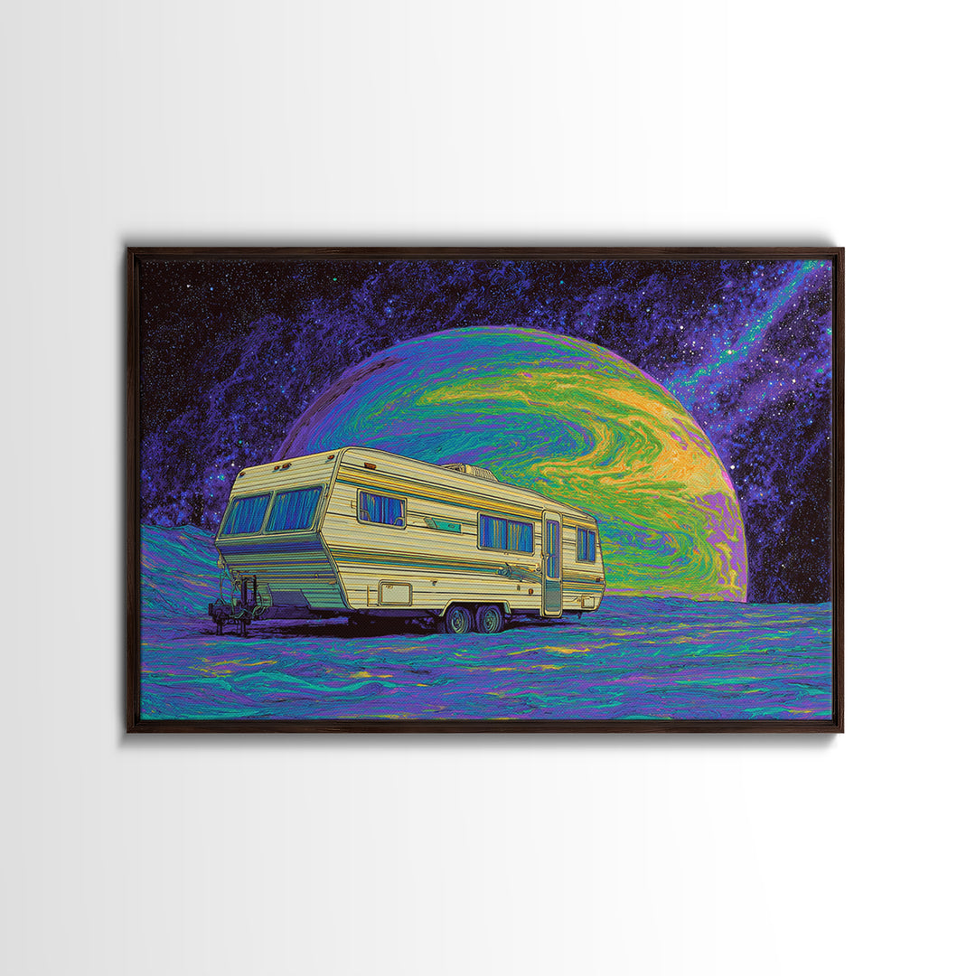 Retro Camper On Psychedelic Alien Planet Canvas Print, Digital Art, Afrofuturism Decor, Space Travel Poster, Unique Wall Decor
