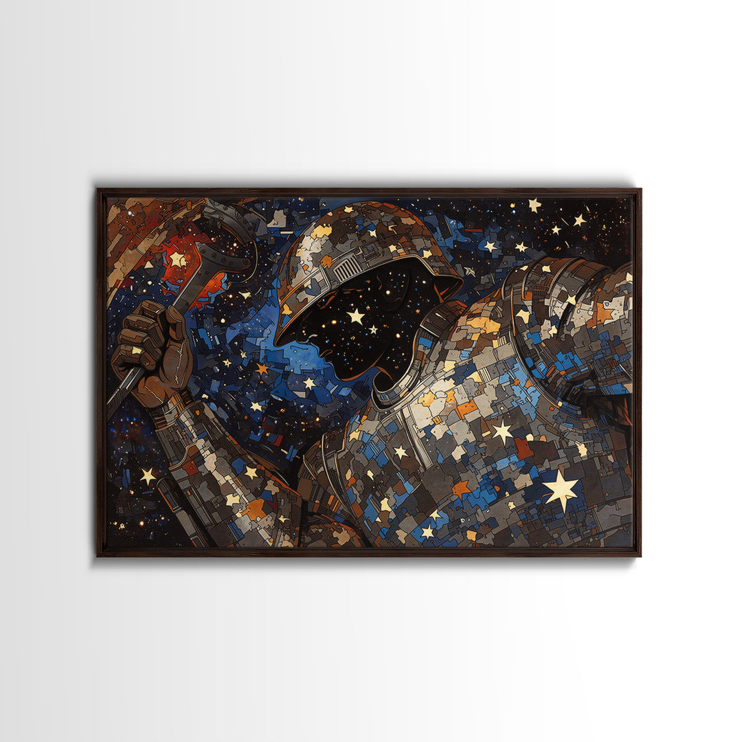 Star Filled Cosmic Warrior Portrait Framed Canvas Print, African Warrior Art, Afrofuturism Decor, Bold Contemporary Art Print