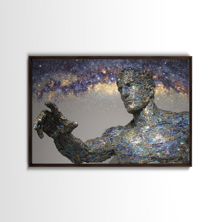 Faceless Cosmic Figure Reaching To Stars Framed Canvas Print, Modern Sculpture Art, Galaxy Wall Decor, Unique Canvas Art