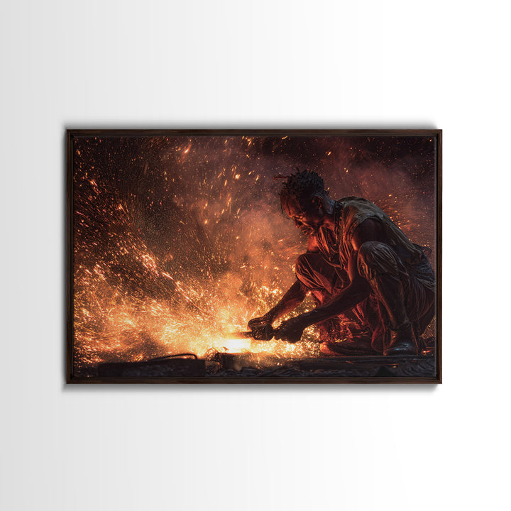 Black Artisan Forging Sparks Framed Canvas Print, African American Art, Black Man Portrait, Powerful Industrial Wall Decor Gift