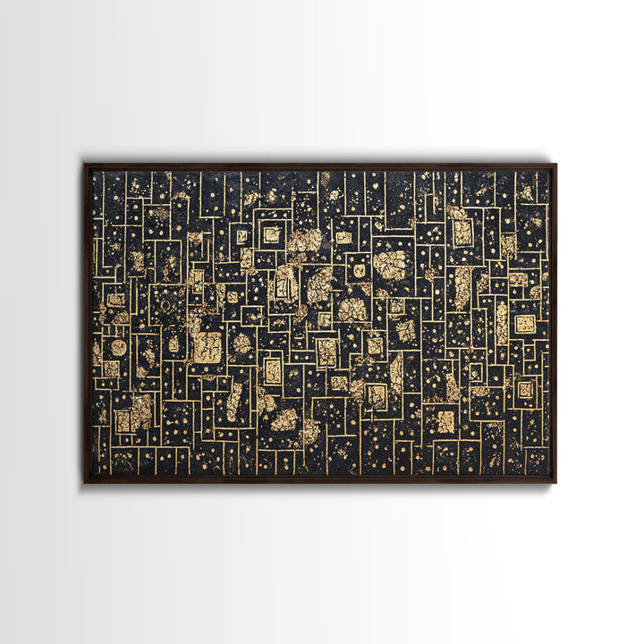 Gold Linear Geometric Maze Canvas Print, African Abstract Art, Black And Gold Art, Luxury Canvas Art, Elegant Wall Decor