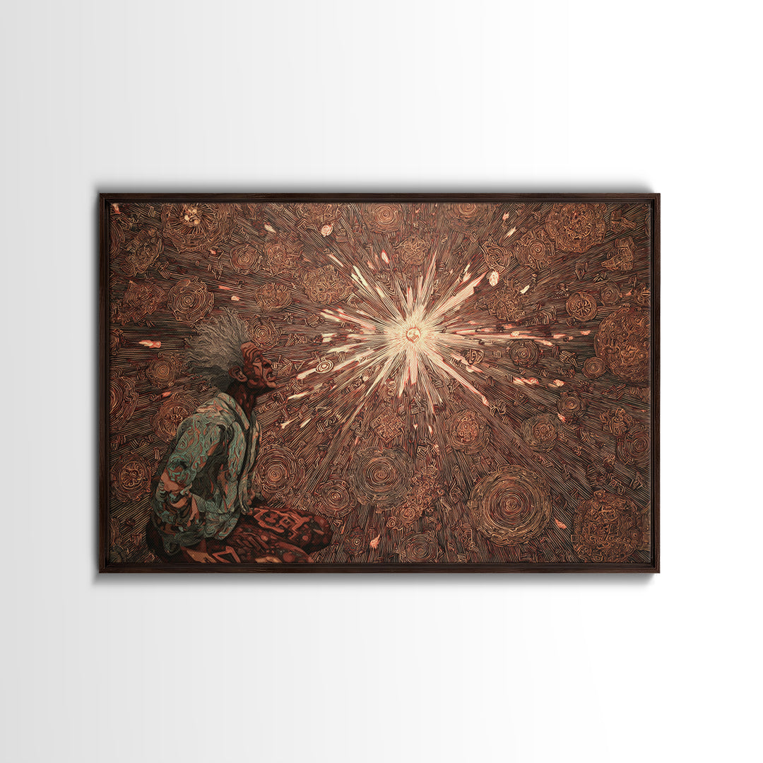 Seated African Mystic With Radiant Star, Framed Canvas Print, Afrocentric Wall Art, Spiritual Decor, Black Culture Art Gift