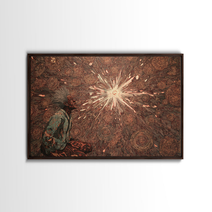 Seated African Mystic With Radiant Star, Framed Canvas Print, Afrocentric Wall Art, Spiritual Decor, Black Culture Art Gift