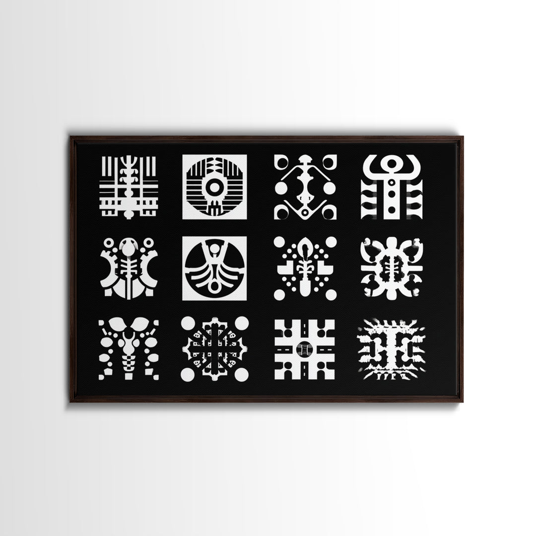 Black And White African Tribal Symbols Wall Art, Geometric Pattern Print, Afrocentric Decor, Modern African Art, Bold Office Decor