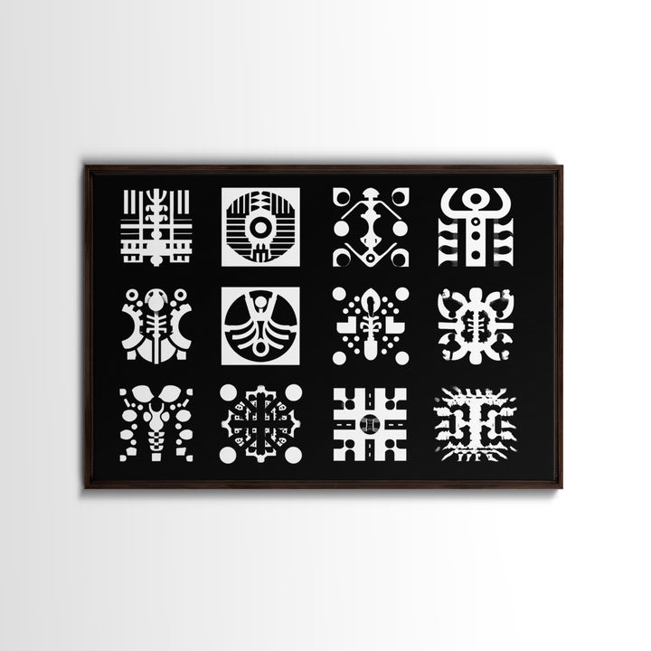 Black And White African Tribal Symbols Wall Art, Geometric Pattern Print, Afrocentric Decor, Modern African Art, Bold Office Decor