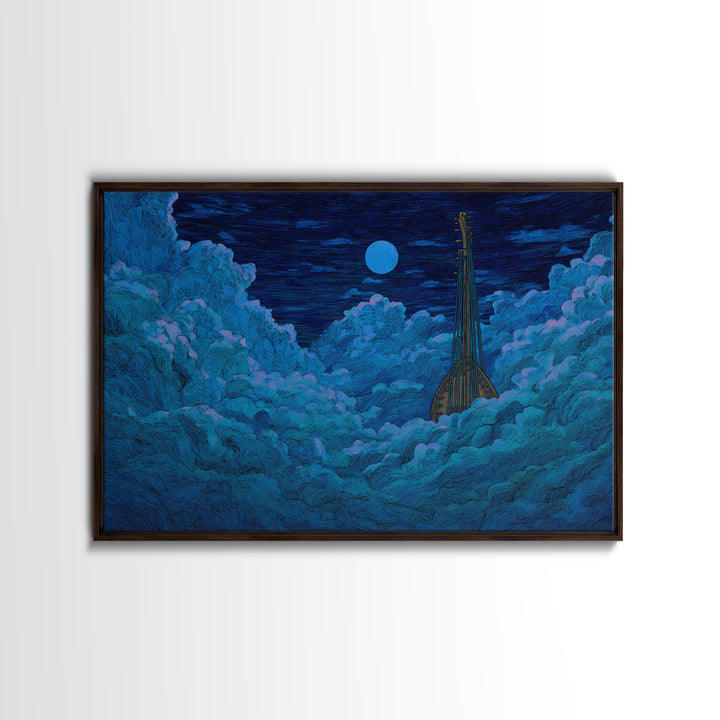 Blue Moon African Kora In Clouds Canvas Print, Dreamy Night Sky Wall Art, Afrocentric Music Decor, Mystical Bedroom Decor