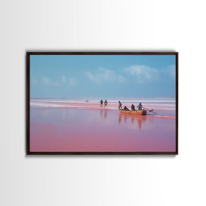 Pink Lake Boat With African Fishermen Wall Art, Senegal Travel Photography, Coastal Canvas Print, Pastel Blue Home Decor Gift