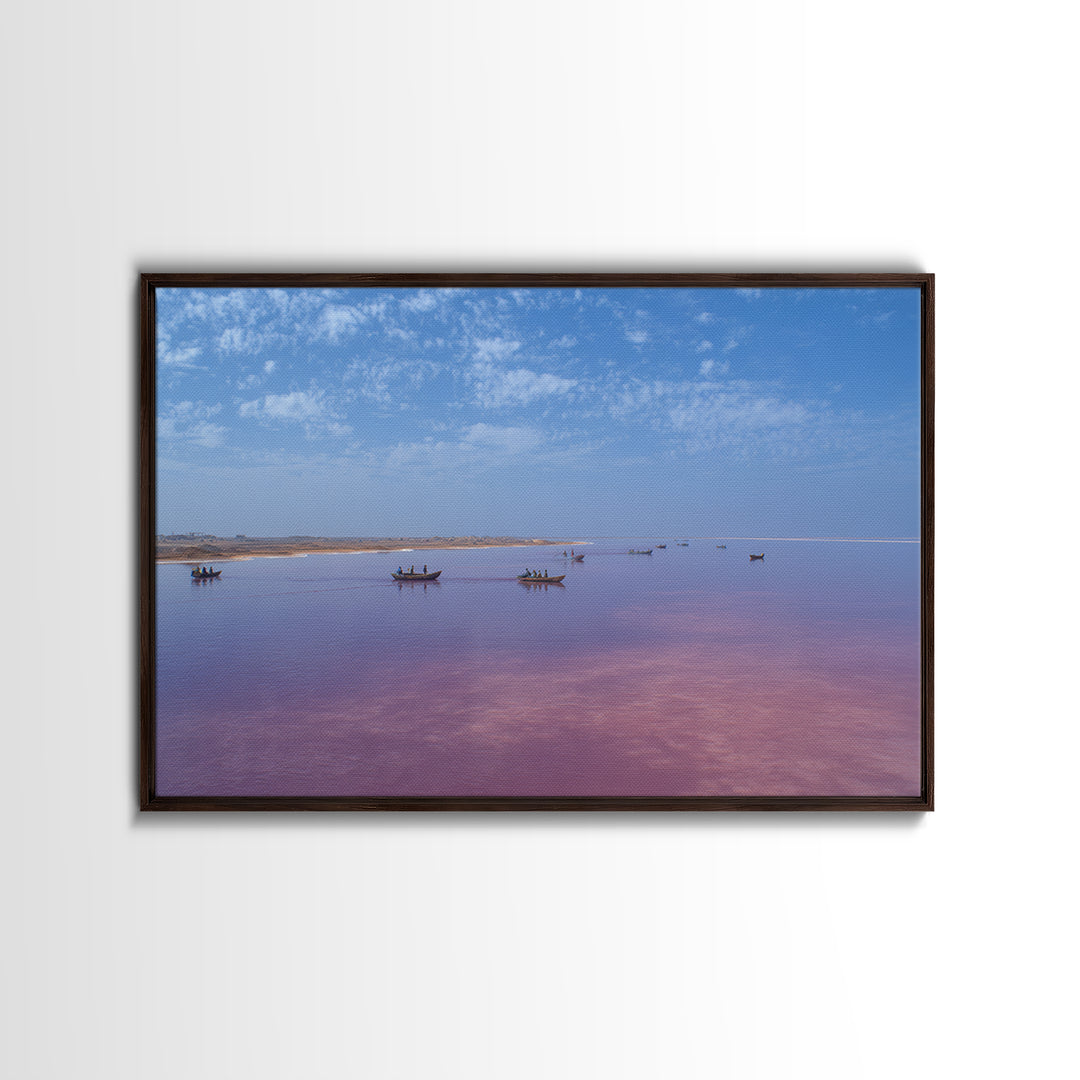 Wide Pink African Lake With Fishing Boats Wall Art, Serene Travel Photography, Blue Sky Canvas Print, Coastal Living Room Decor