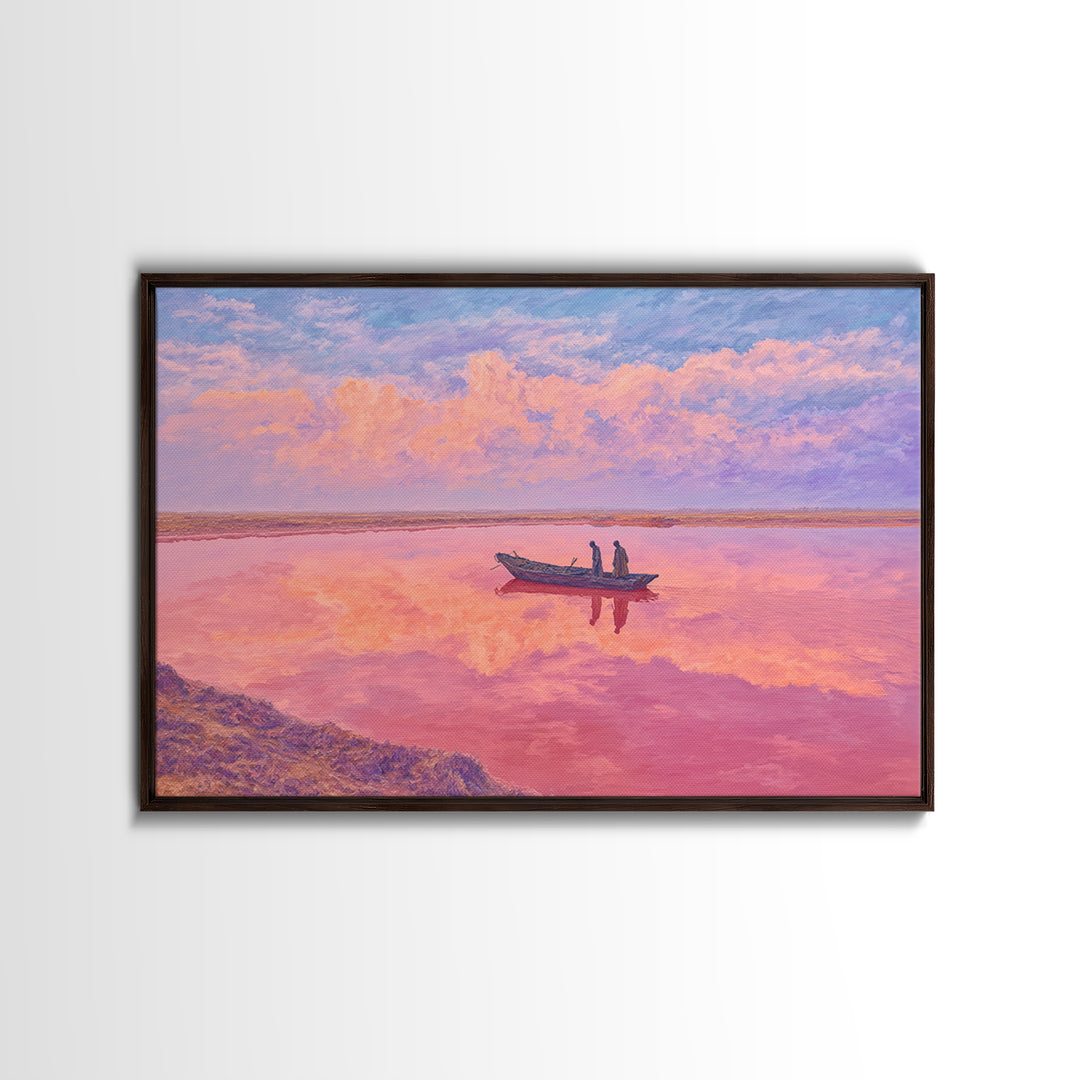 Pastel Pink Lake Boat At Sunset Canvas Print, African Landscape Wall Art, Dreamy Coastal Decor, Senegal Inspired Travel Gift