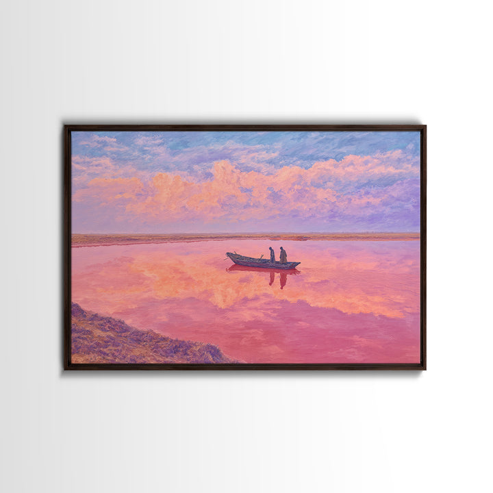 Pastel Pink Lake Boat At Sunset Canvas Print, African Landscape Wall Art, Dreamy Coastal Decor, Senegal Inspired Travel Gift