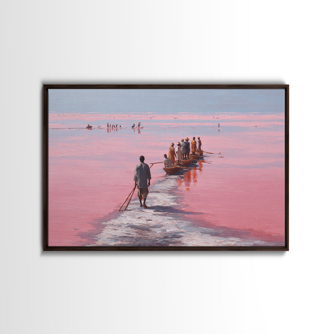 Pink Salt Lake Fishermen And Boats Wall Art, African Landscape, Senegal Travel Poster, Coastal Fishing Decor, Large Canvas